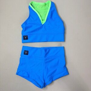 NWOT Kandi Kouture VIP Dance Set Child Medium CM Blue Lime Green Neon 2pc Set